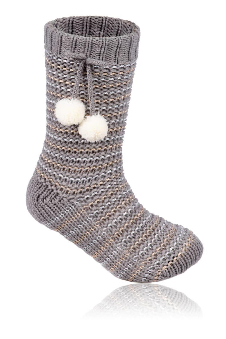 Women’s gray sherpa winter socks on white background.